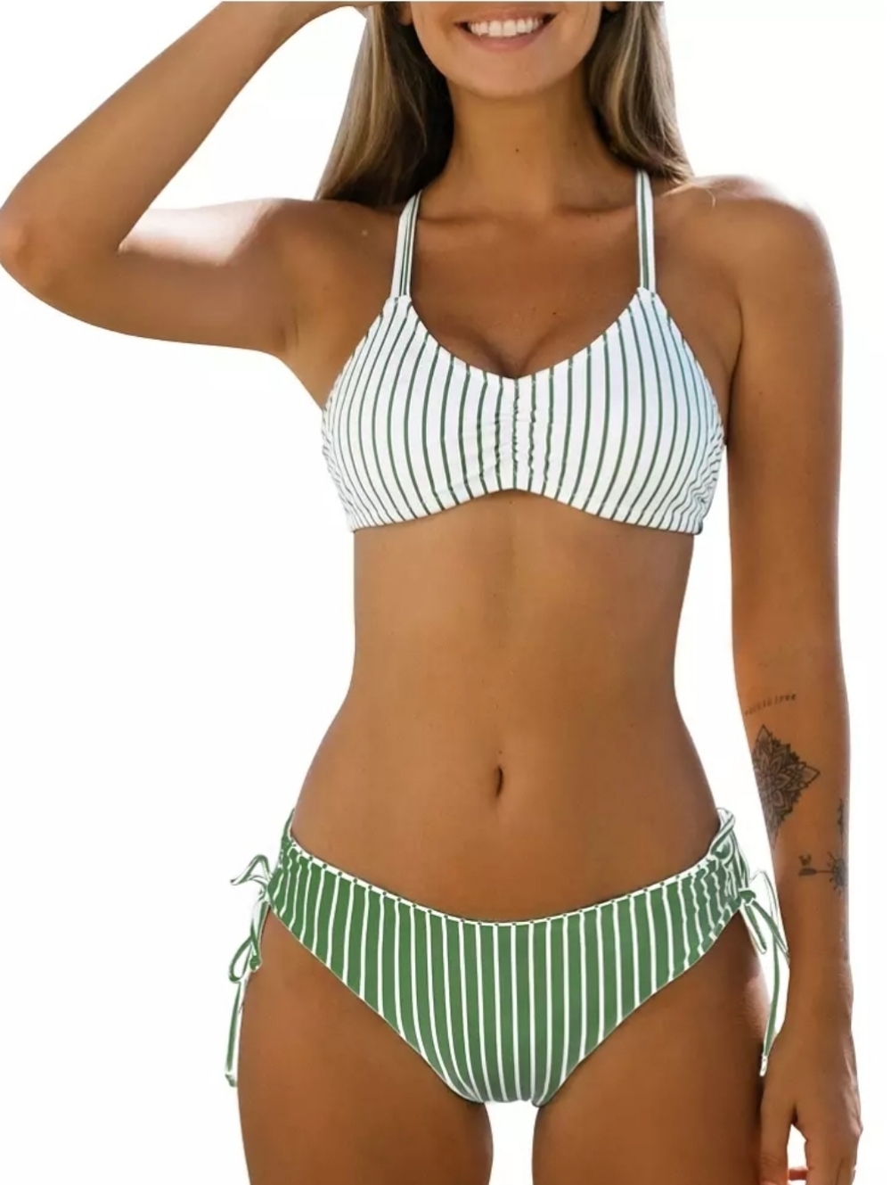 Women's Bikini Swim Suit With Reversible Bottom - Cupshe - Green & White - L - Picture 2 of 16